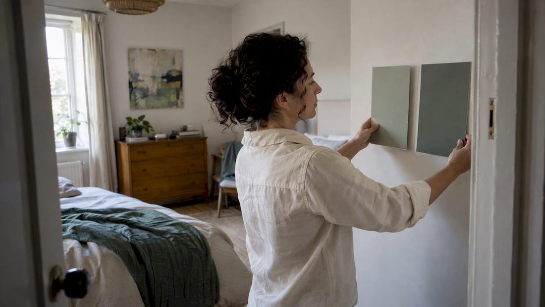 Homeowner testing paint samples in a bedroom