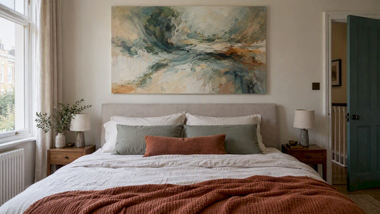 Abstract canvas centered above a bed