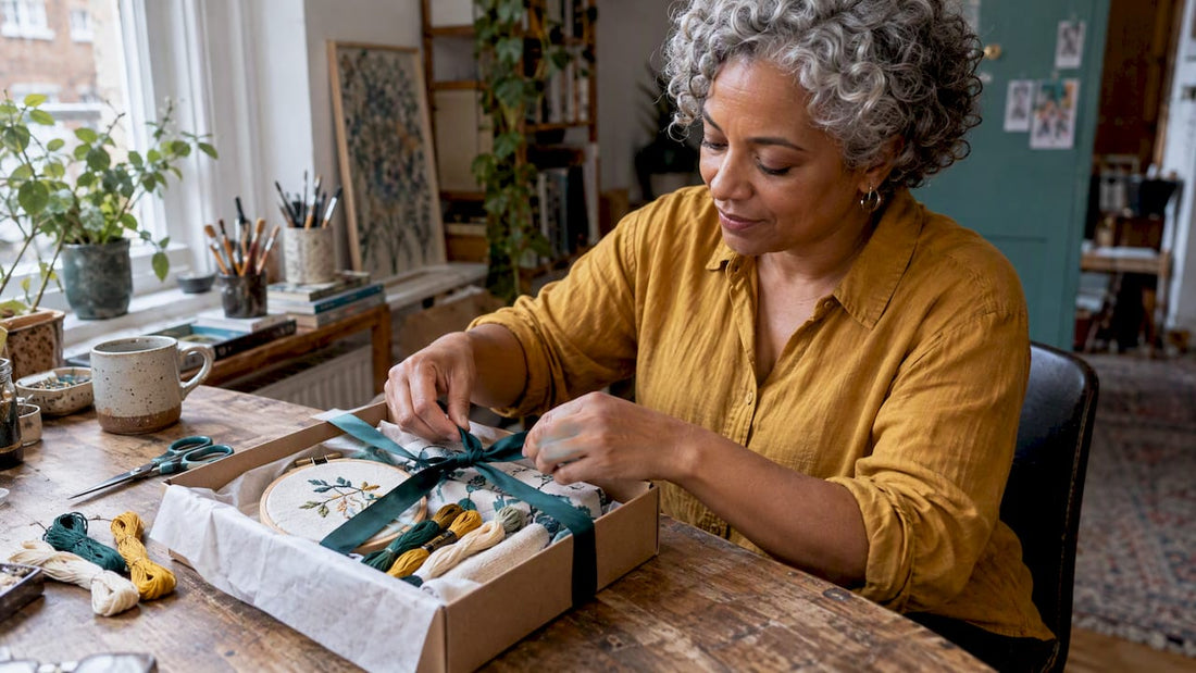 Adult wrapping an embroidery craft gift