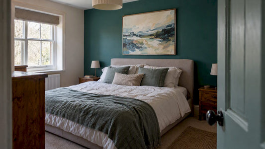 Original painting centered above a bedroom bed