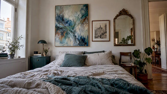 Collected bedroom wall with original art and mirror