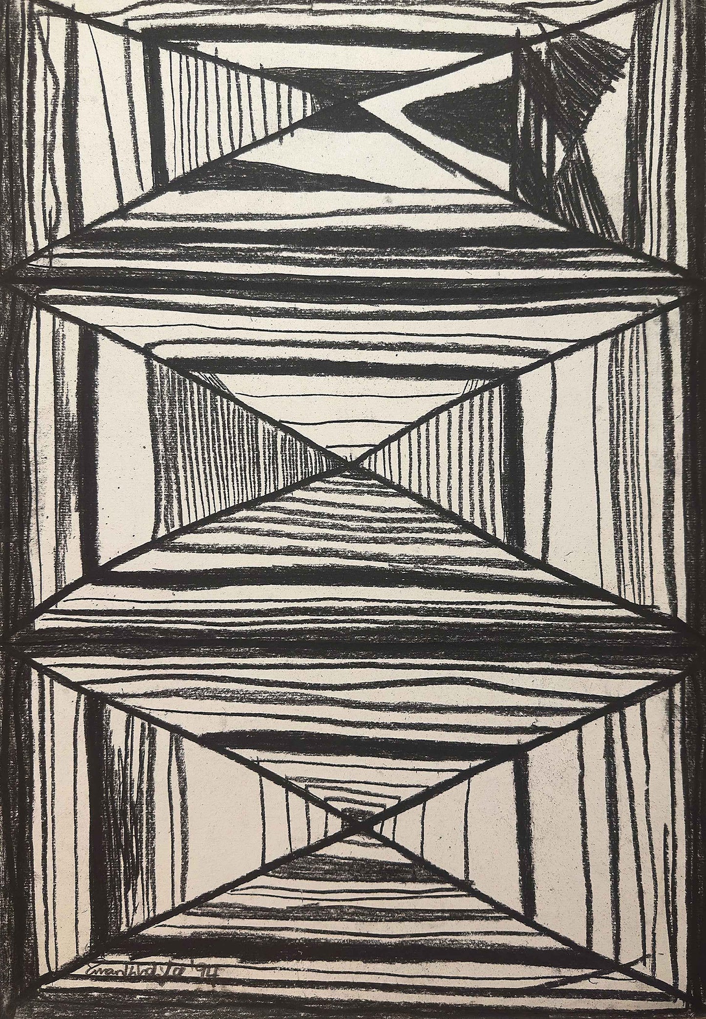 Original Charcoal Drawing - Deception - Geometric Op Art