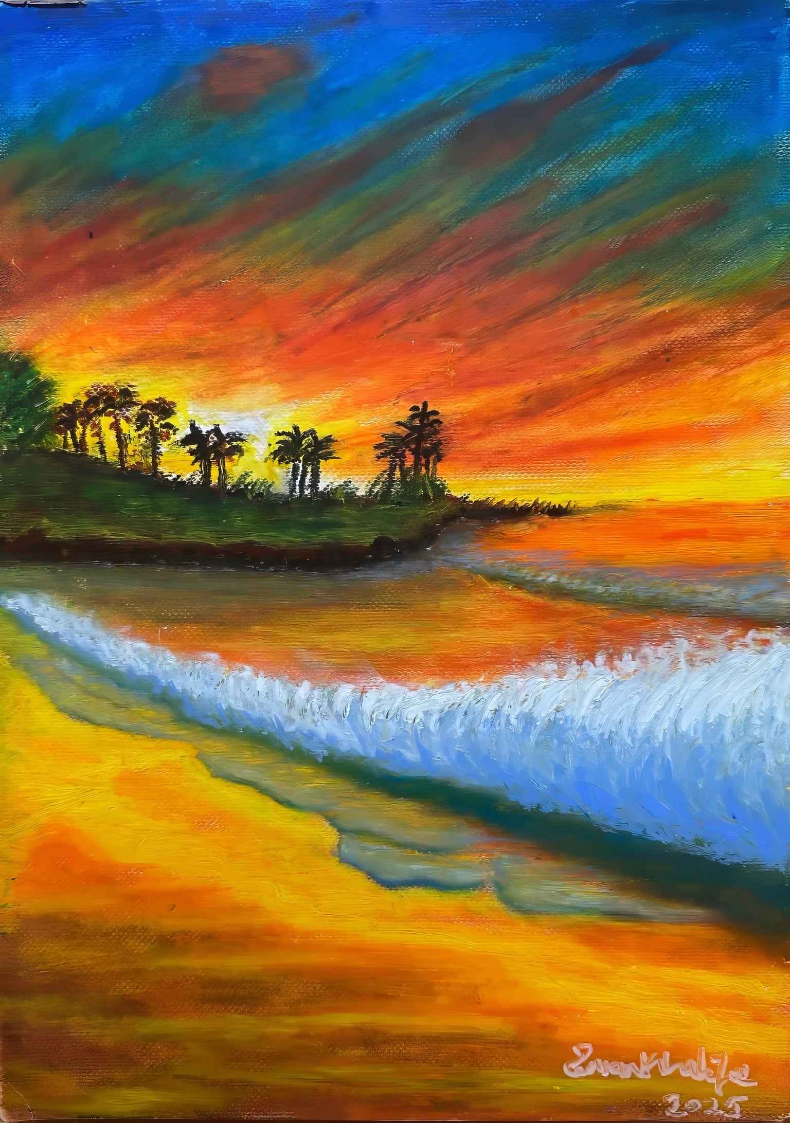 Original Painting - Day Blazed - Tropical Sunset & Palm Tree