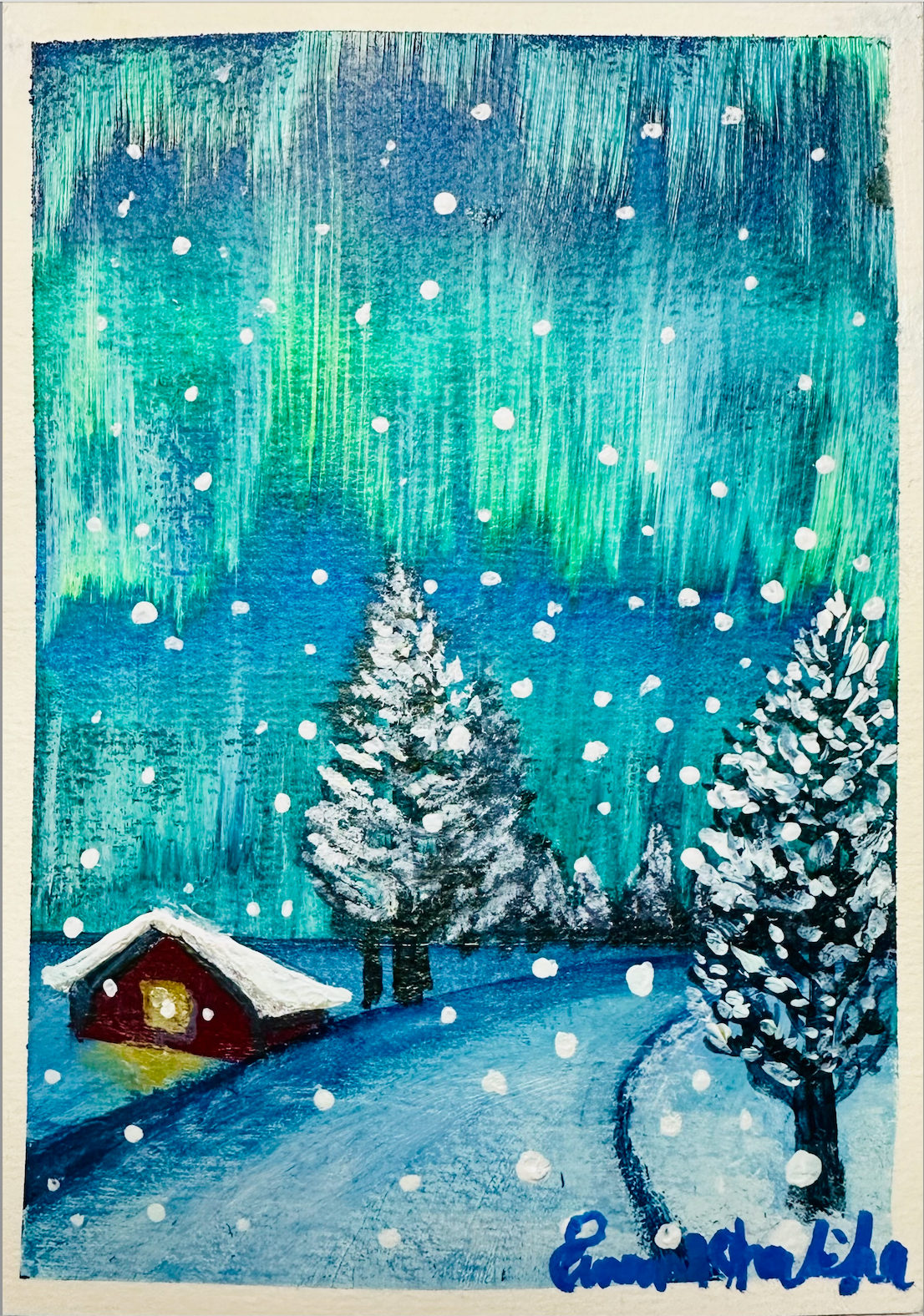 A6 original acrylic mini painting of a snowy winter landscape with a glowing cabin, pine trees, falling snow, and green aurora lights by artist Eman Khalifa