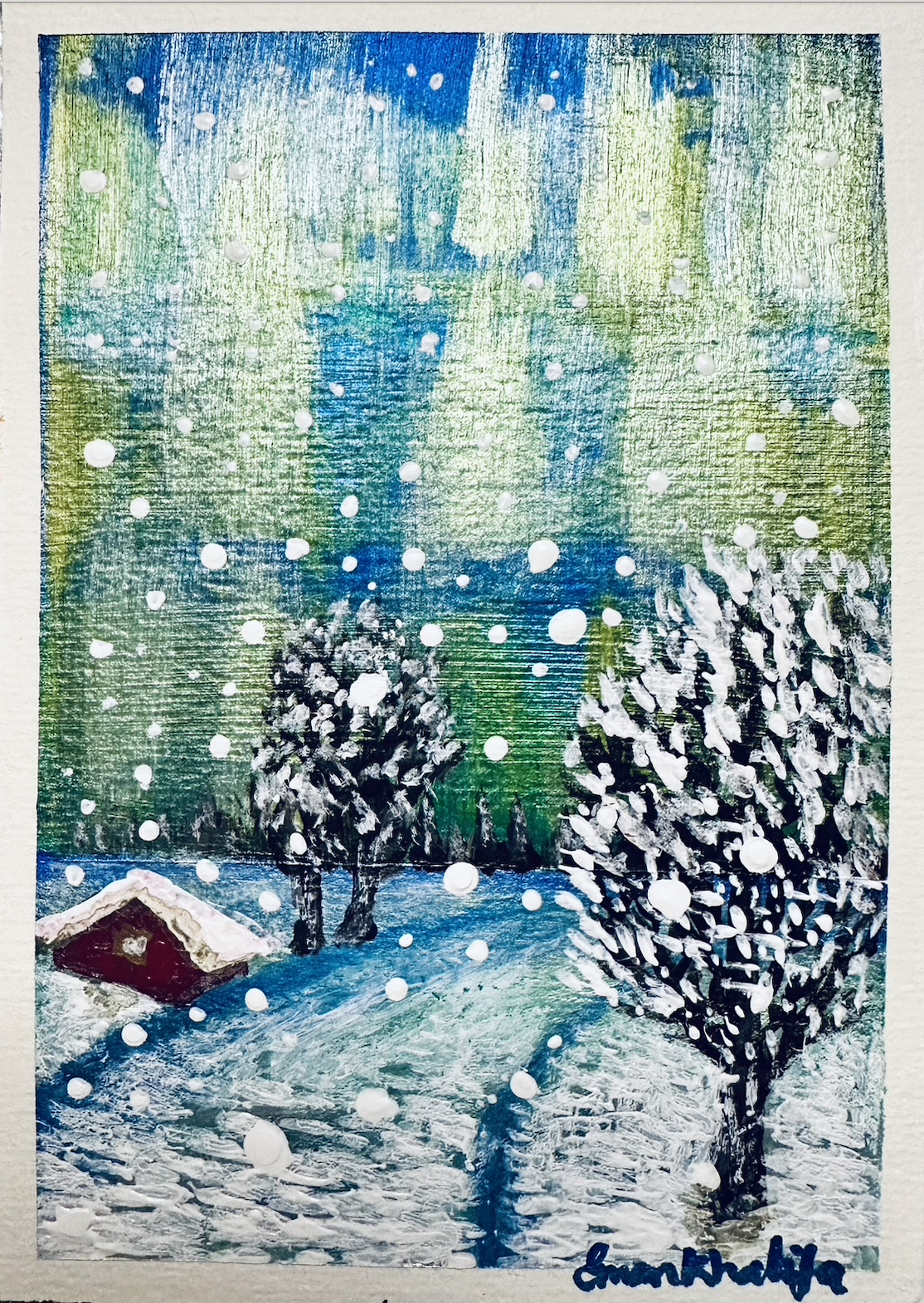A6 original acrylic mini painting of a snowy winter landscape with a glowing cabin, pine trees, falling snow, and green aurora lights by artist Eman Khalifa