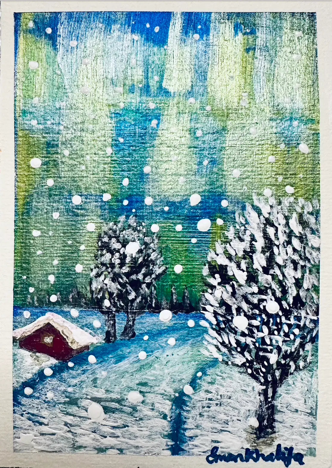 Mini Art – Aurora Cottage – Snowy Northern Lights Landscape - Eman's Gallery