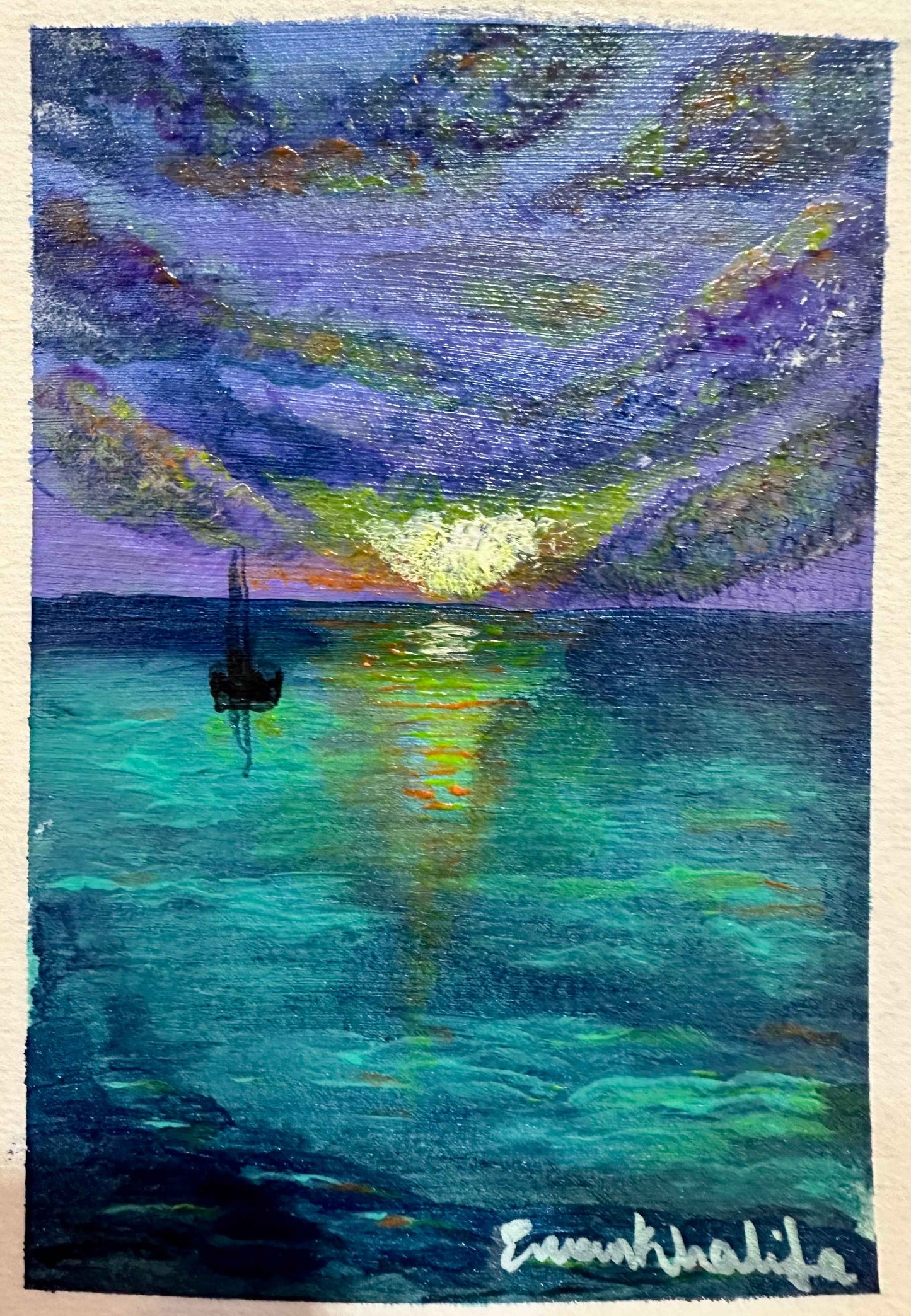 Mini Art - Twilight Sail - Seascape Sailboat Purple Teal