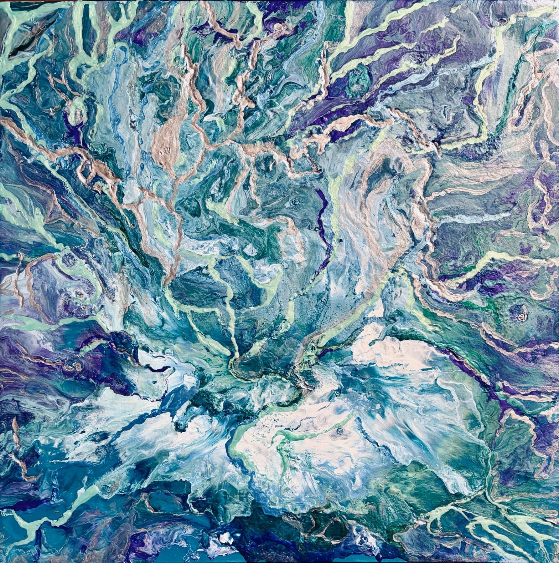 Arctic Flame blue teal mint violet and silver abstract acrylic painting by Eman Khalifa, 40 x 40 cm deep-edge canvas