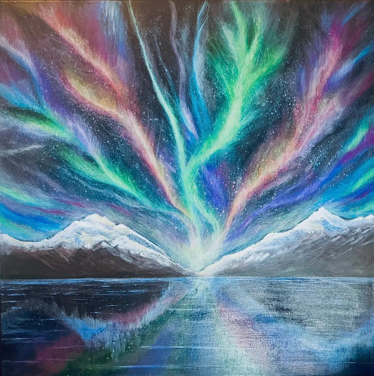 Original Painting – Ascension – Aurora Mountain Landscape with Reflective Water - Eman's Gallery
