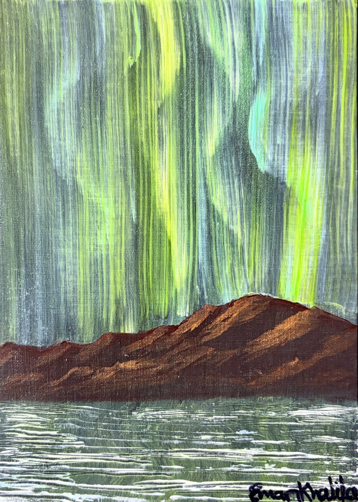 Aurora Green Lights by Eman Khalifa, green vertical curtains of light above brown mountains and dark reflective water.
