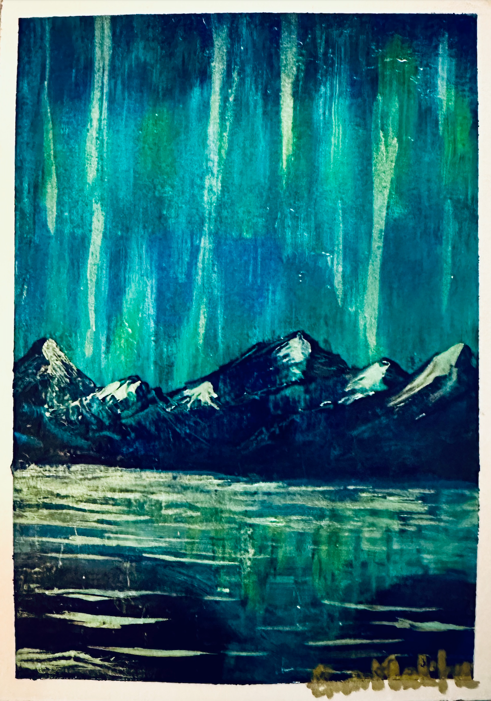 A6 original acrylic mini painting of teal aurora lights over snow-capped mountains with reflections on water by artist Eman Khalifa