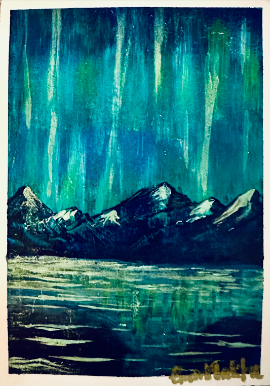 A6 original acrylic mini painting of teal aurora lights over snow-capped mountains with reflections on water by artist Eman Khalifa