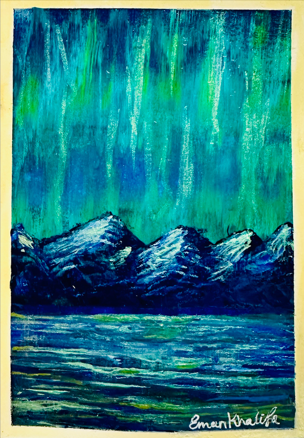 A6 original acrylic mini painting of teal aurora lights over snow-capped mountains with reflections on water by artist Eman Khalifa
