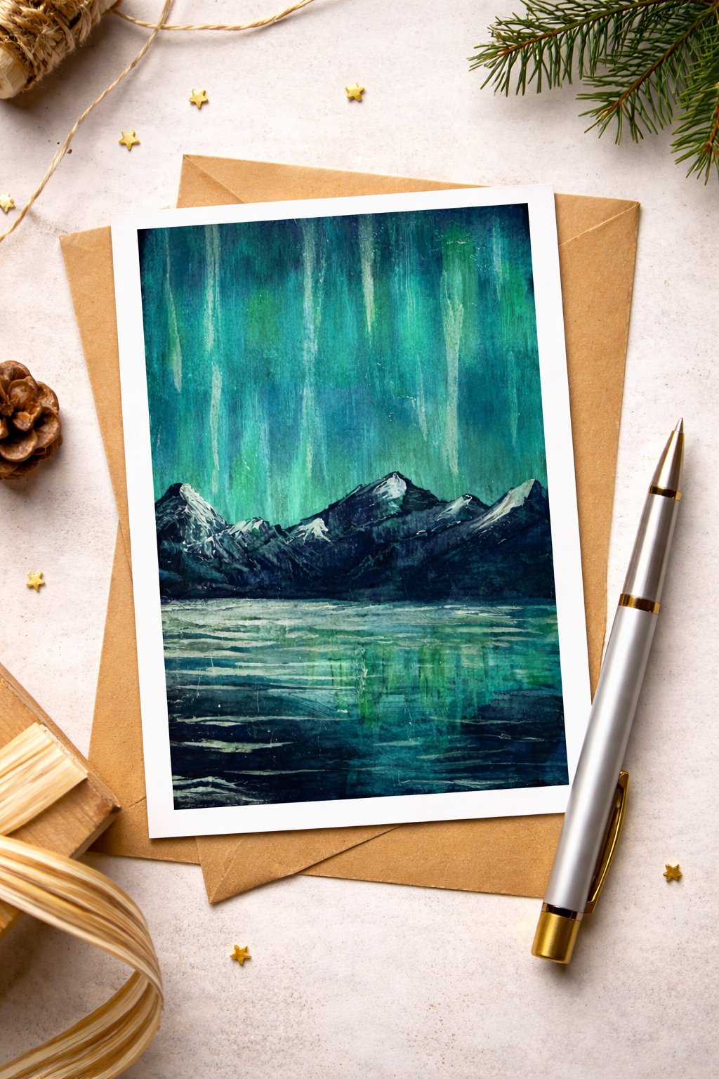 A6 original acrylic mini painting on an envelope of teal aurora lights over snow-capped mountains with reflections on water by artist Eman Khalifa