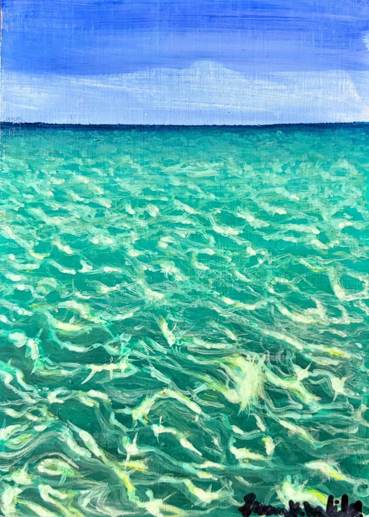 Blue Shimmers by Eman Khalifa, turquoise sea filled with pale sunlit ripples beneath a straight horizon and blue sky.