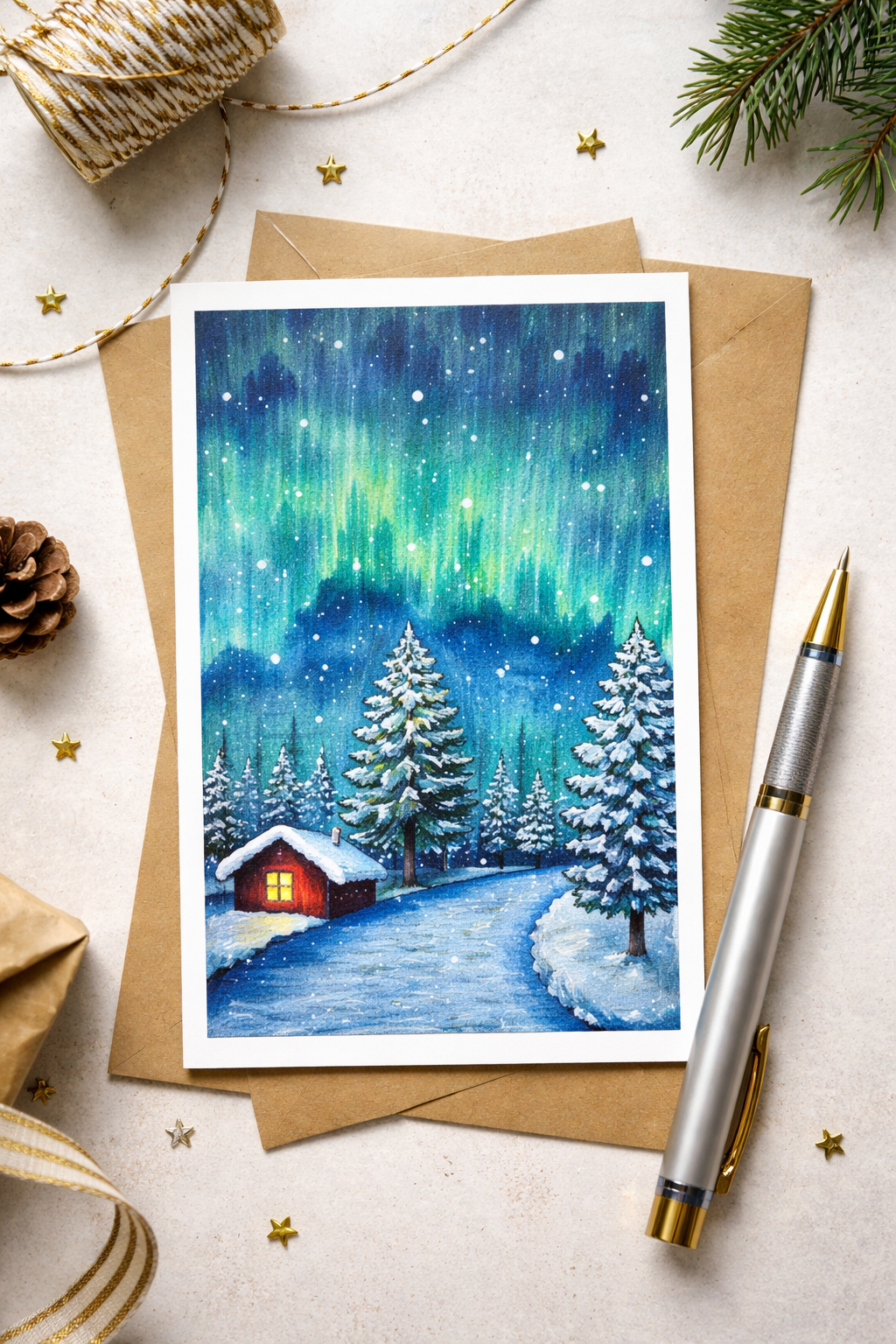 Mini Art – Aurora Cottage – Snowy Northern Lights Landscape