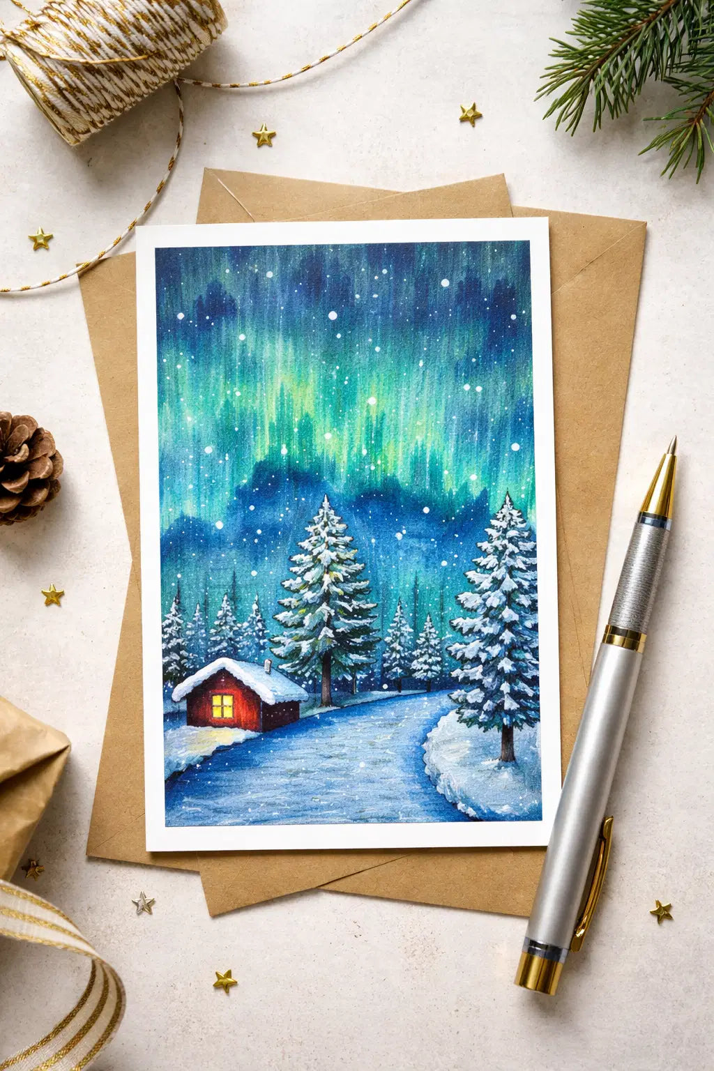 Mini Art – Aurora Cottage – Snowy Northern Lights Landscape - Eman's Gallery