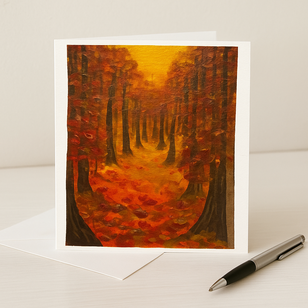 Autumn Whisper original hand-painted A6 art card—forest pathway in amber and sienna autumn tones.