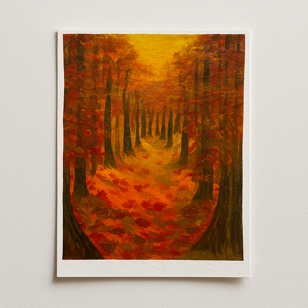 Autumn Whisper original hand-painted A6 art card—forest pathway in amber and sienna autumn tones.