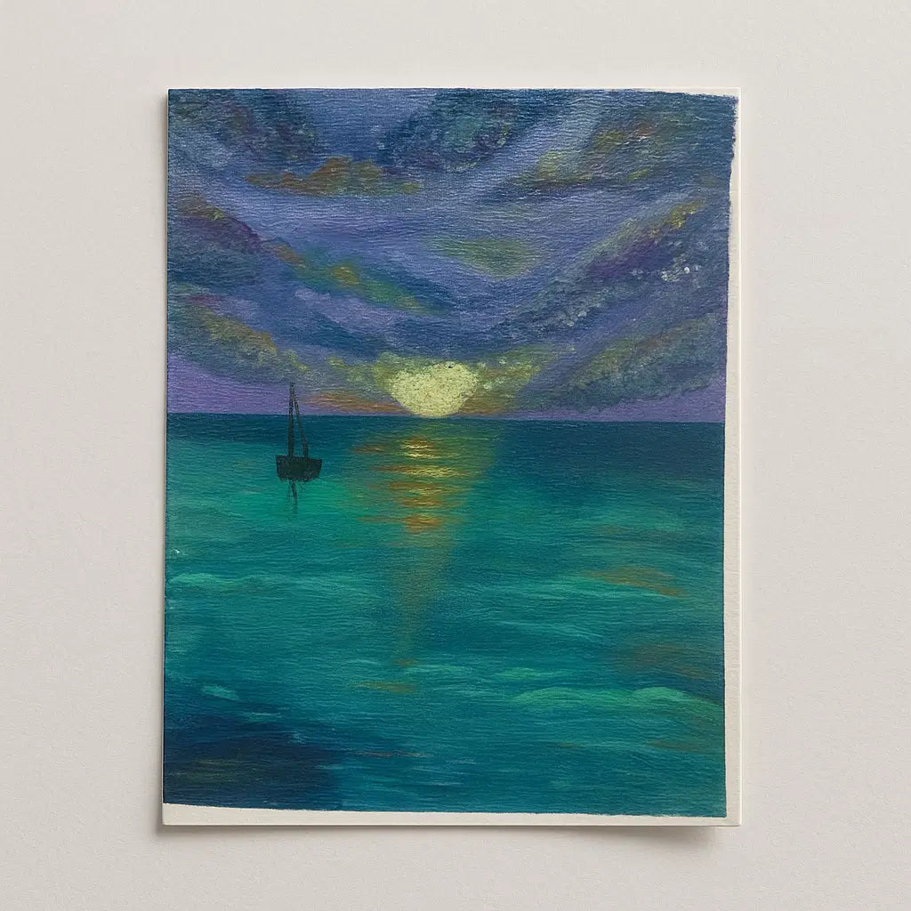 Mini Art - Twilight Sail - Seascape Sailboat Purple Teal - Eman's Gallery