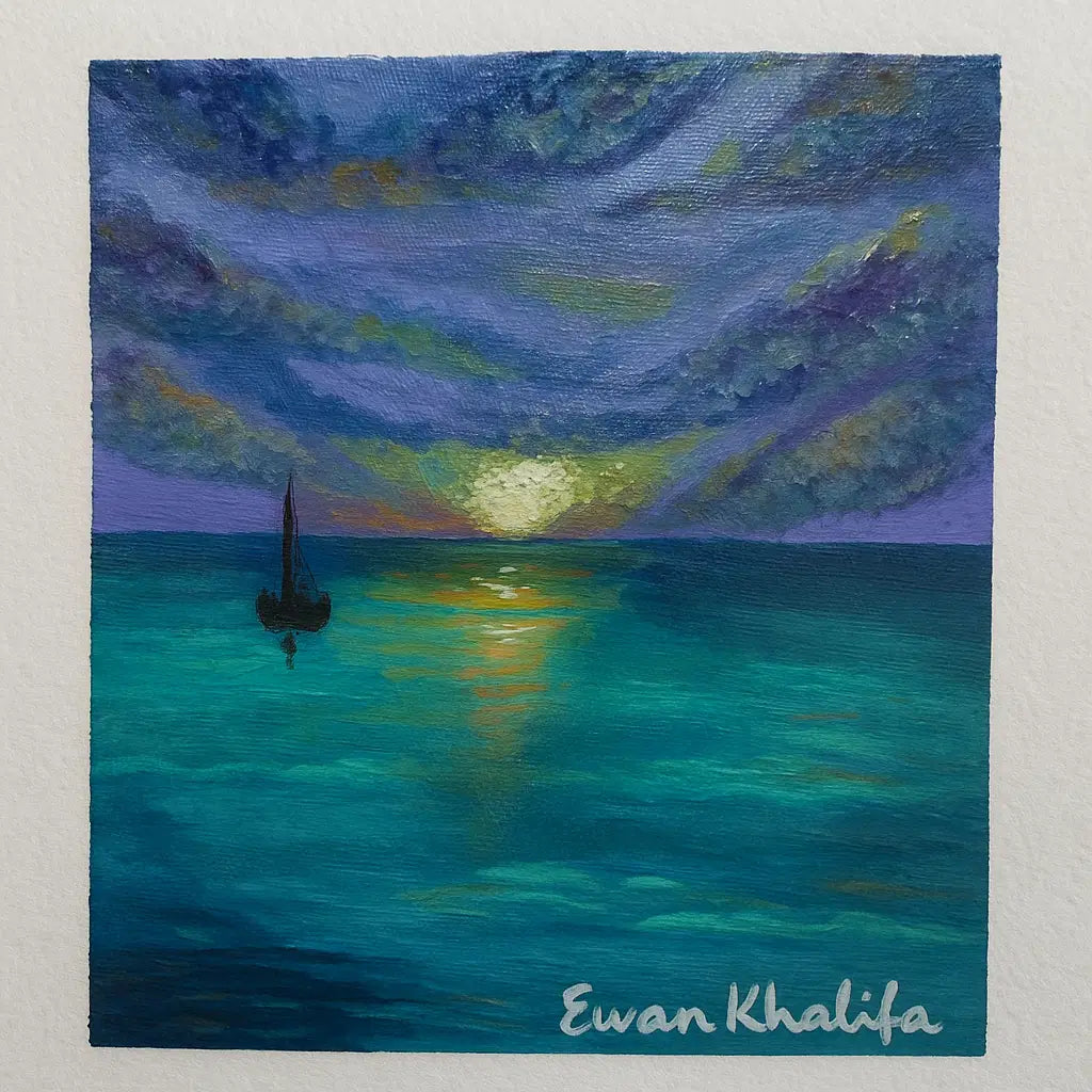 Mini Art - Twilight Sail - Seascape Sailboat Purple Teal - Eman's Gallery