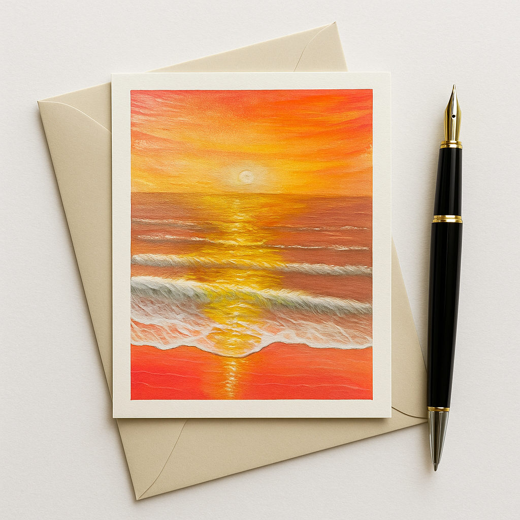 Sunrise Glory original hand-painted A6 art card—radiant sunrise seascape in gold and blue.