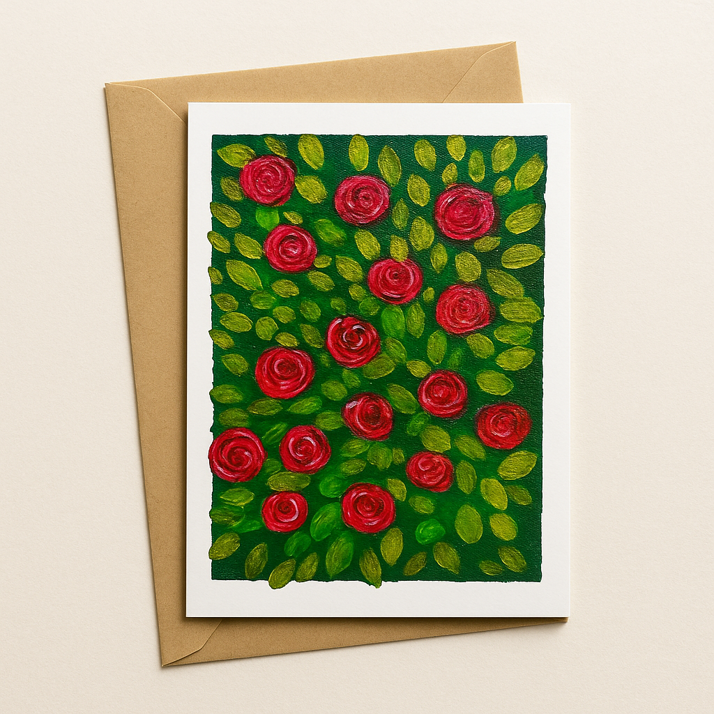Garden Serenade original hand-painted A6 art card—scarlet roses and golden leaves in lively texture.