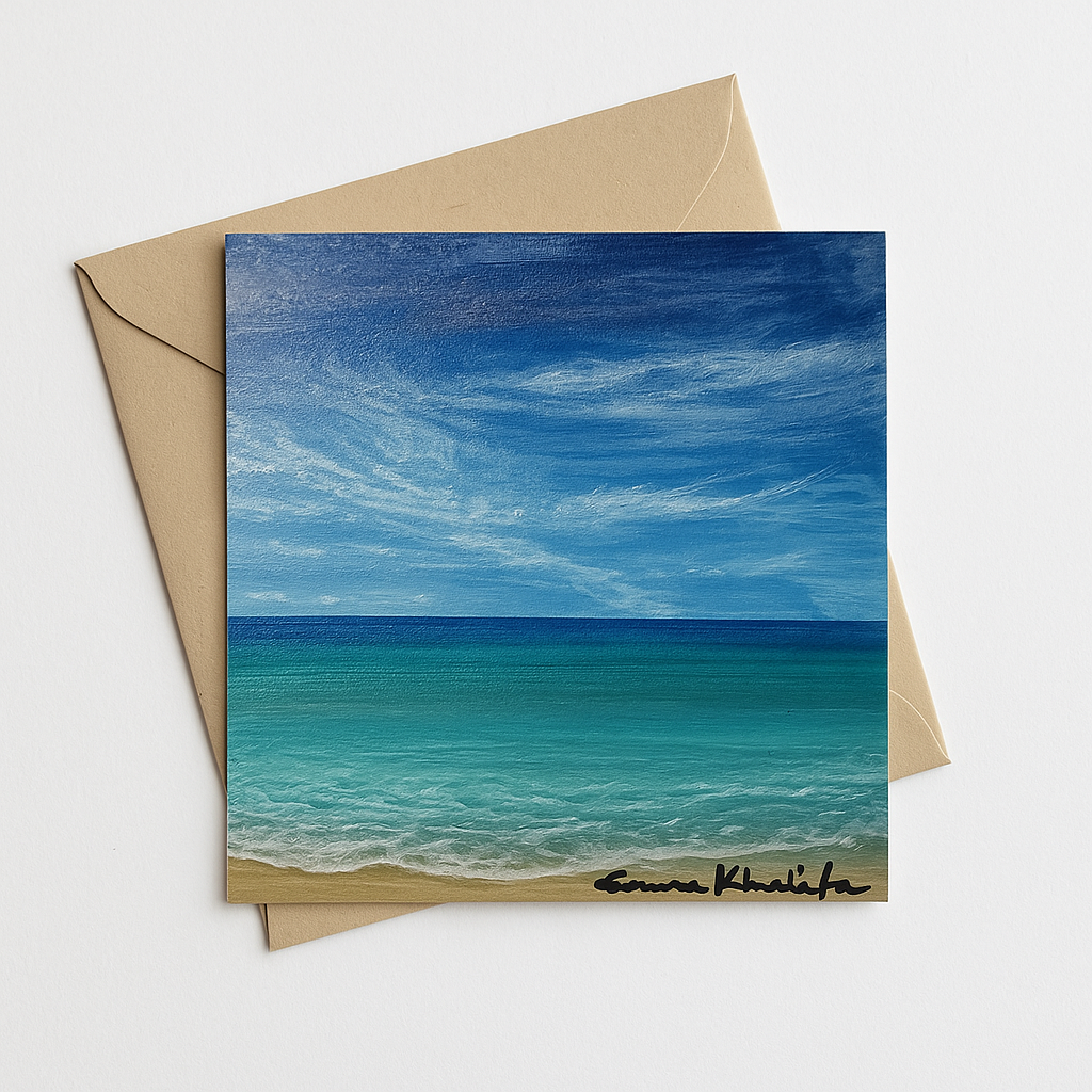 Turquoise Noon original hand-painted A6 art card—turquoise and blue seascape, daylight reflections.
