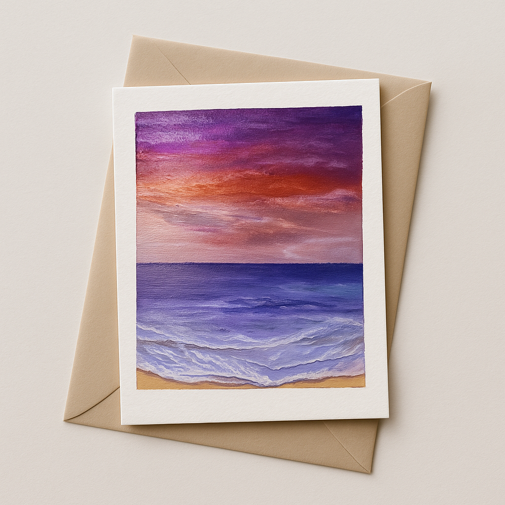 Violet Dusk original hand-painted A6 art card—twilight seascape in violet, rose and copper.