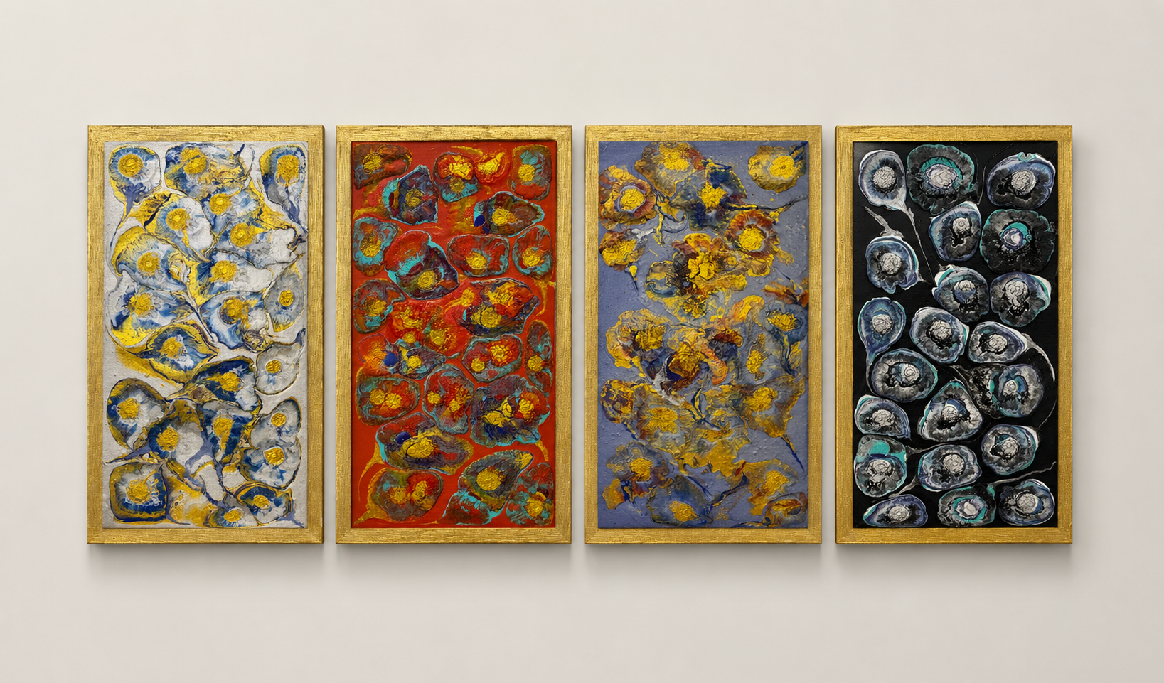 Four abstract artworks with colorful patterns on a white wall