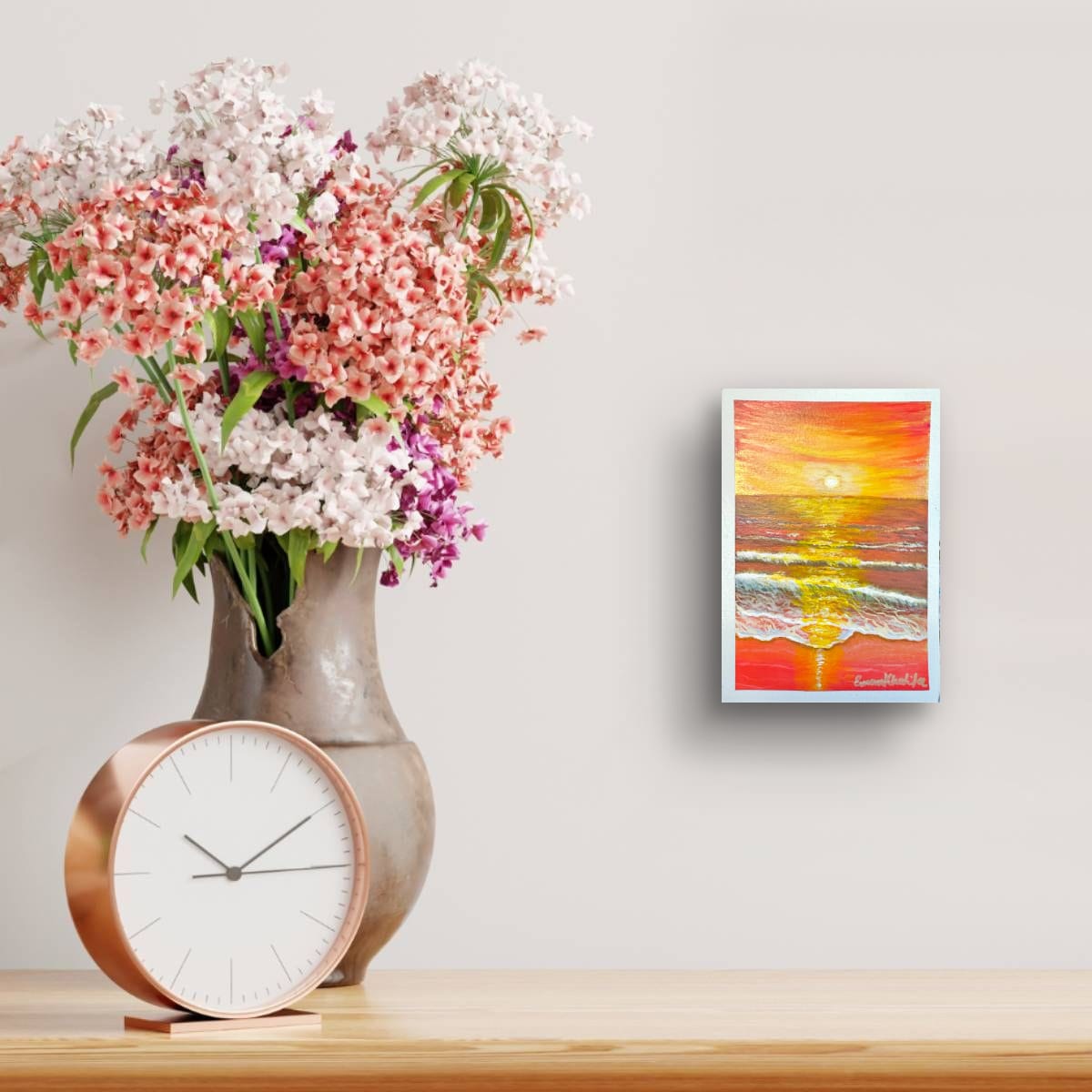 Sunrise Glory original hand-painted A6 art card—radiant sunrise seascape in gold and blue.