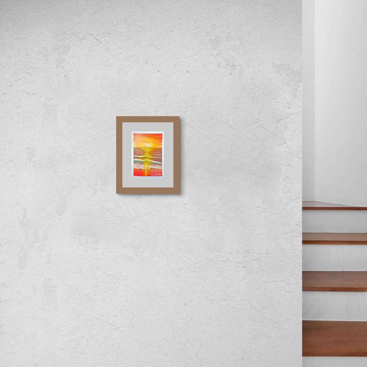 Sunrise Glory original hand-painted A6 art card—radiant sunrise seascape in gold and blue.