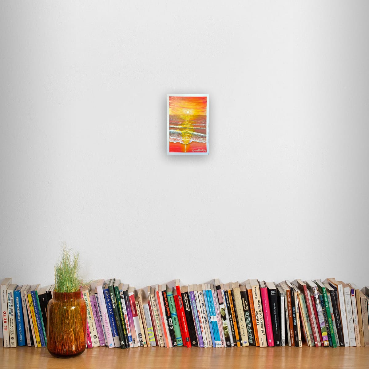 Sunrise Glory original hand-painted A6 art card—radiant sunrise seascape in gold and blue.