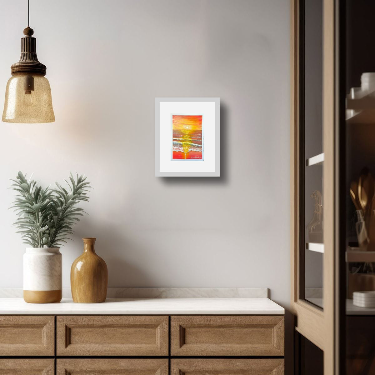 Sunrise Glory original hand-painted A6 art card—radiant sunrise seascape in gold and blue.