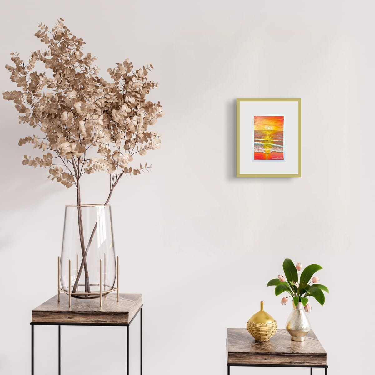 Sunrise Glory original hand-painted A6 art card—radiant sunrise seascape in gold and blue.