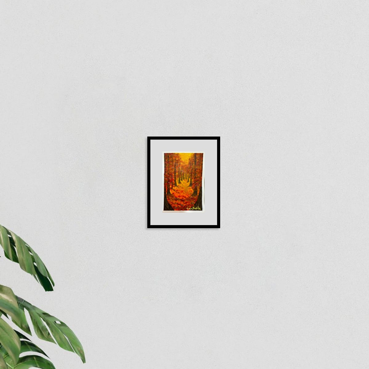 Autumn Whisper original hand-painted A6 art card—forest pathway in amber and sienna autumn tones.