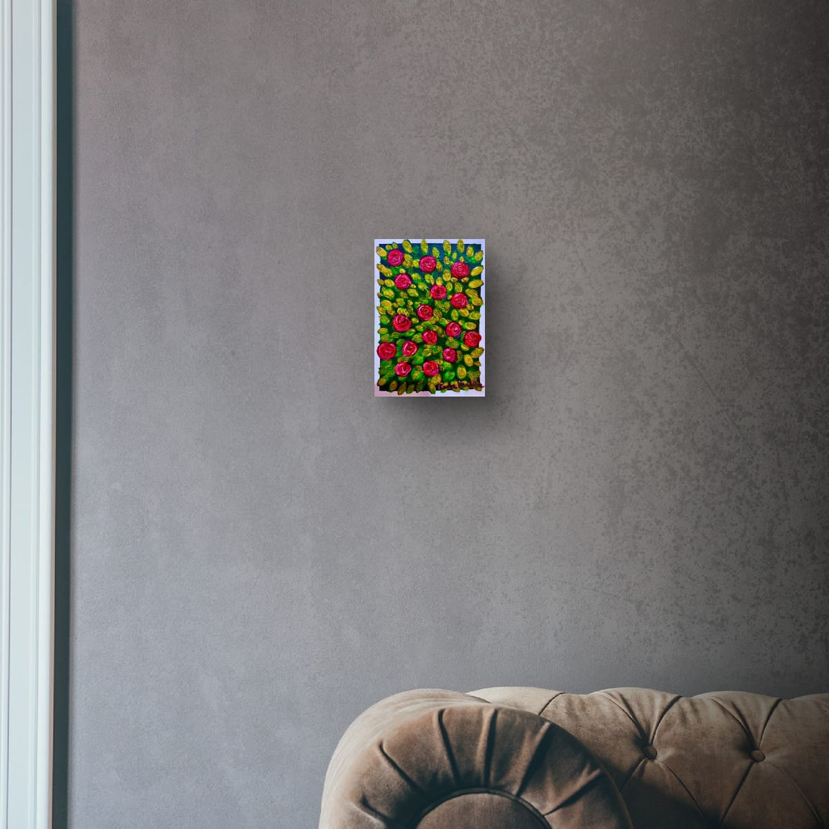 Garden Serenade original hand-painted A6 art card—scarlet roses and golden leaves in lively texture.