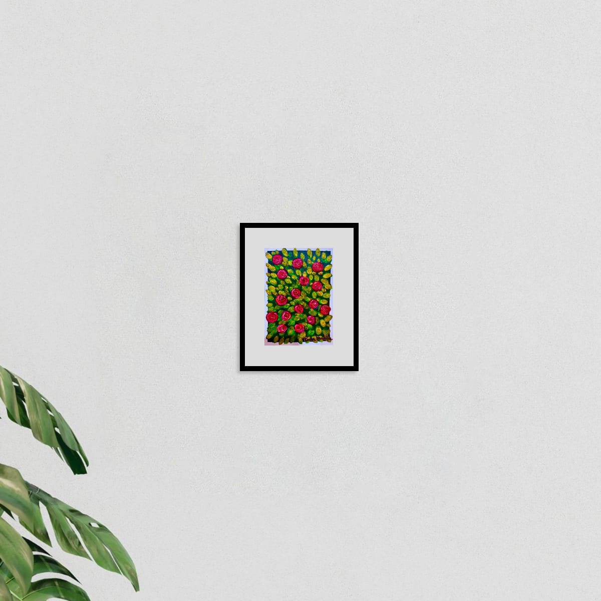 Garden Serenade original hand-painted A6 art card—scarlet roses and golden leaves in lively texture.