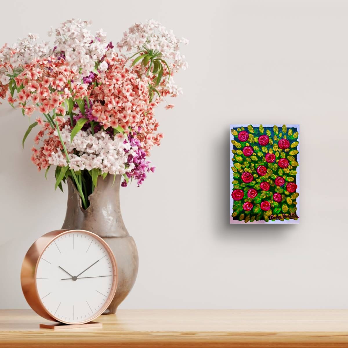 Garden Serenade original hand-painted A6 art card—scarlet roses and golden leaves in lively texture.