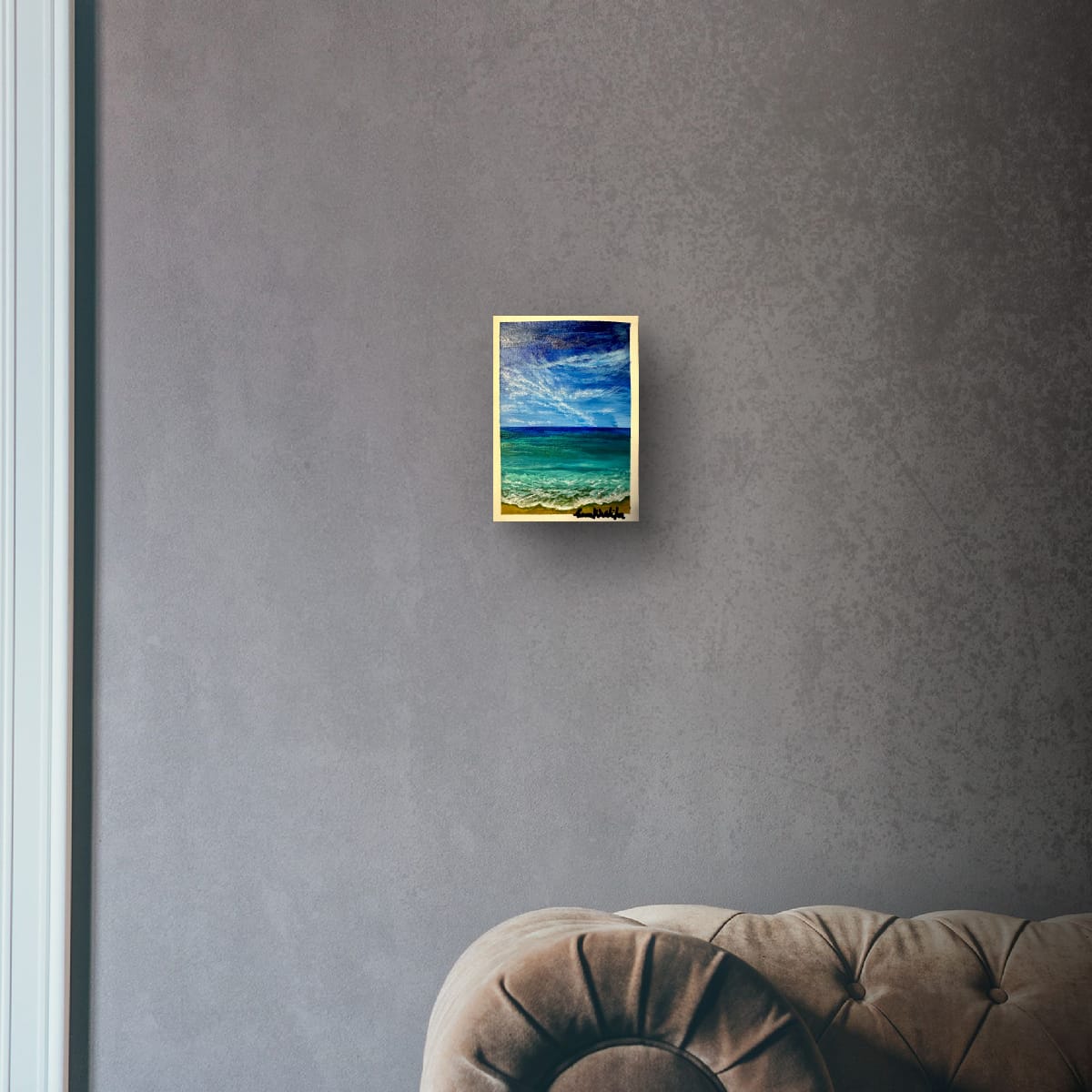 Turquoise Noon original hand-painted A6 art card—turquoise and blue seascape, daylight reflections.