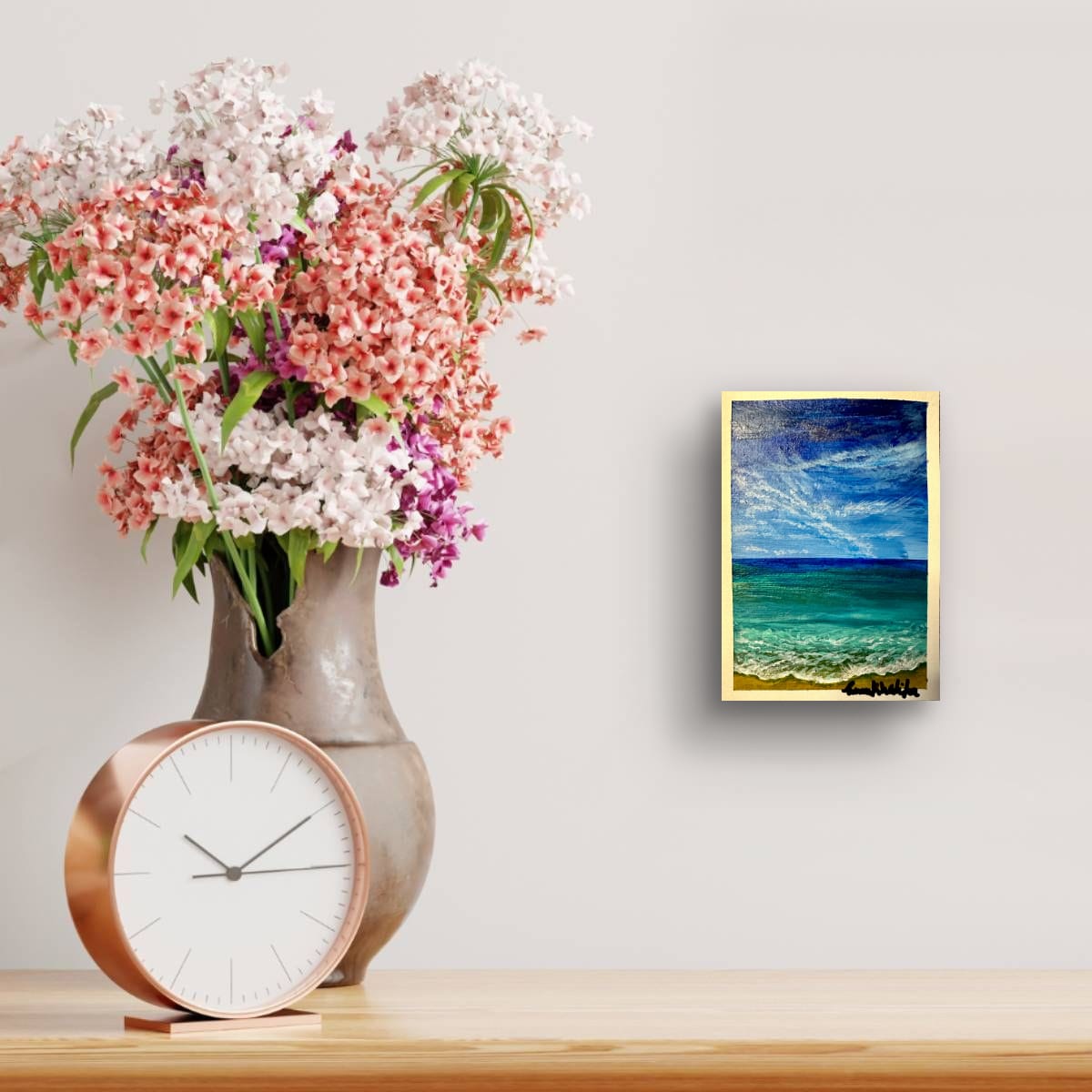 Turquoise Noon original hand-painted A6 art card—turquoise and blue seascape, daylight reflections.