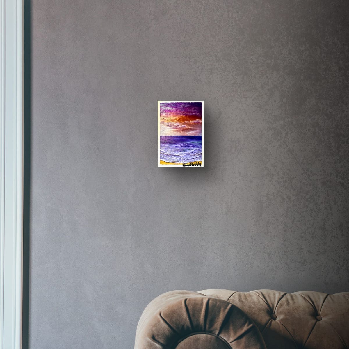 Violet Dusk original hand-painted A6 art card—twilight seascape in violet, rose and copper.