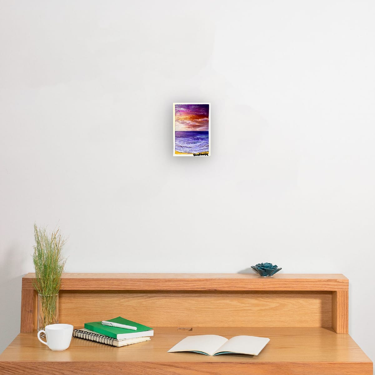 Violet Dusk original hand-painted A6 art card—twilight seascape in violet, rose and copper.