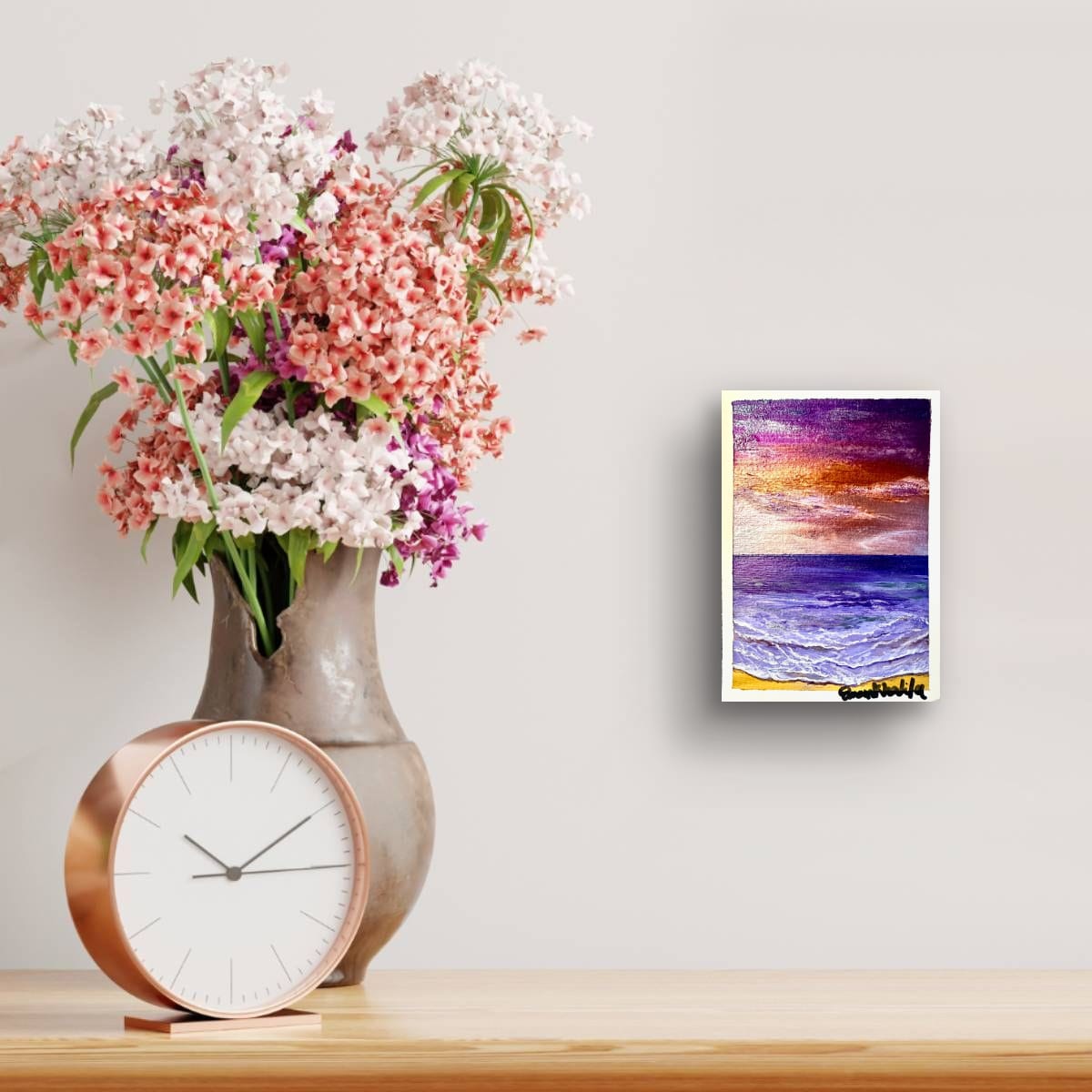 Violet Dusk original hand-painted A6 art card—twilight seascape in violet, rose and copper.