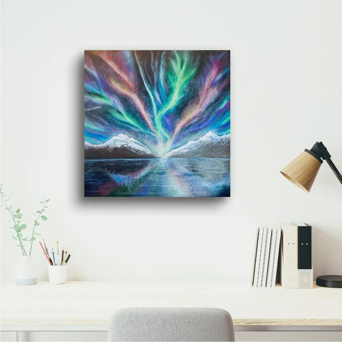 Original Painting – Ascension – Aurora Mountain Landscape with Reflective Water - Eman's Gallery