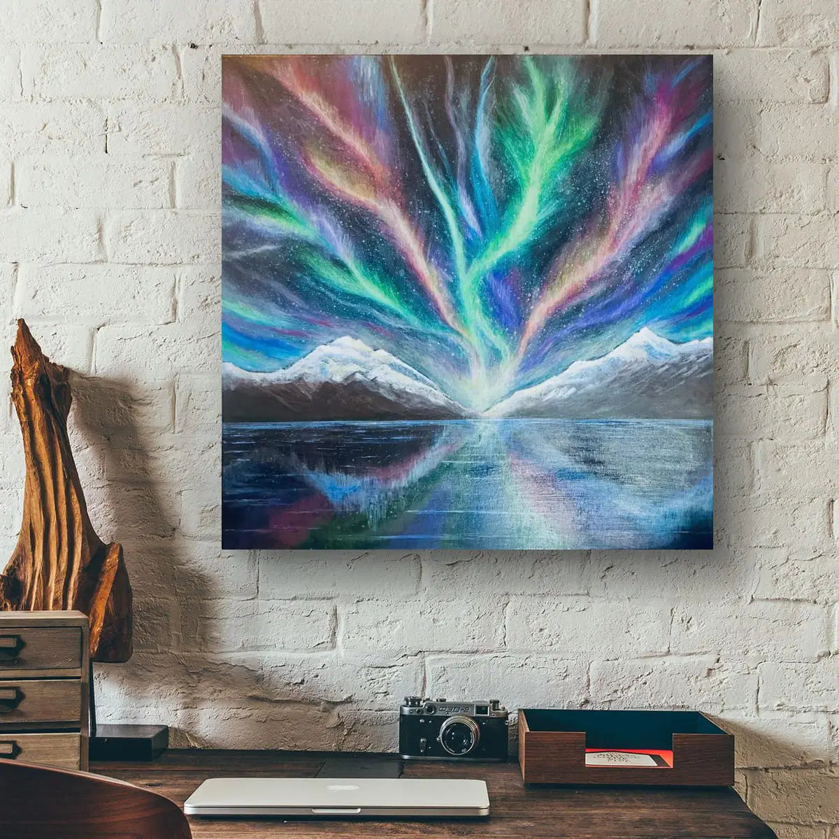 Original Painting – Ascension – Aurora Mountain Landscape with Reflective Water - Eman's Gallery