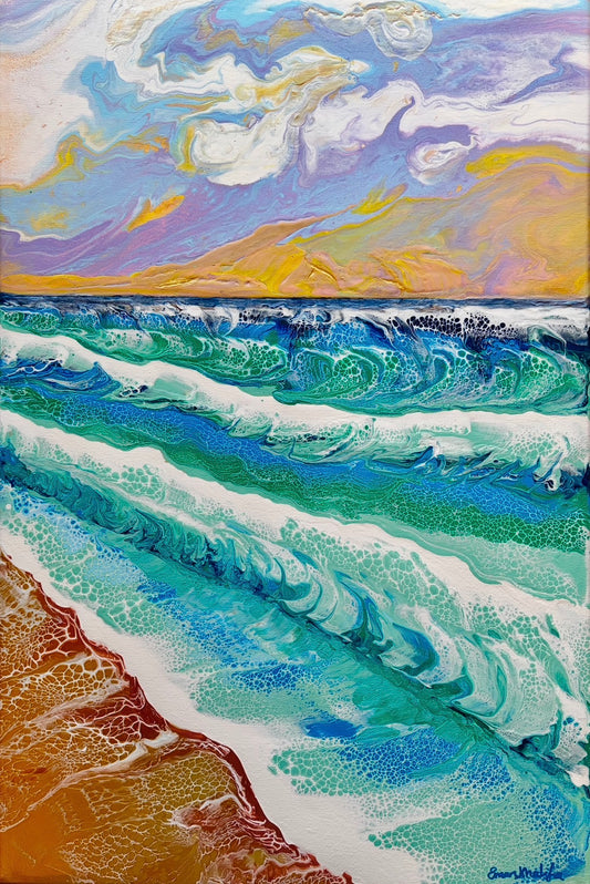 Abstract ocean painting Dream of Waves with turquoise waves, gold reflections, and a soft pastel sky by Eman Khalifa, Van Gogh–inspired