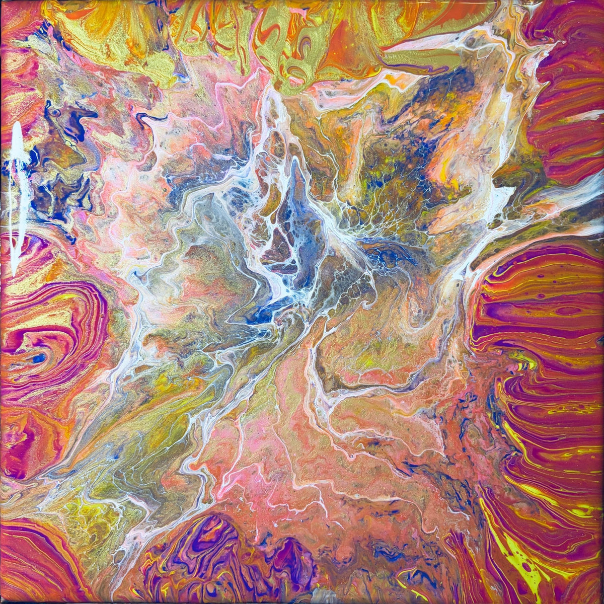 Ecstasy by Eman Khalifa, a square abstract painting with pale branching forms amid violet, pink, blue and gold flowing colour.