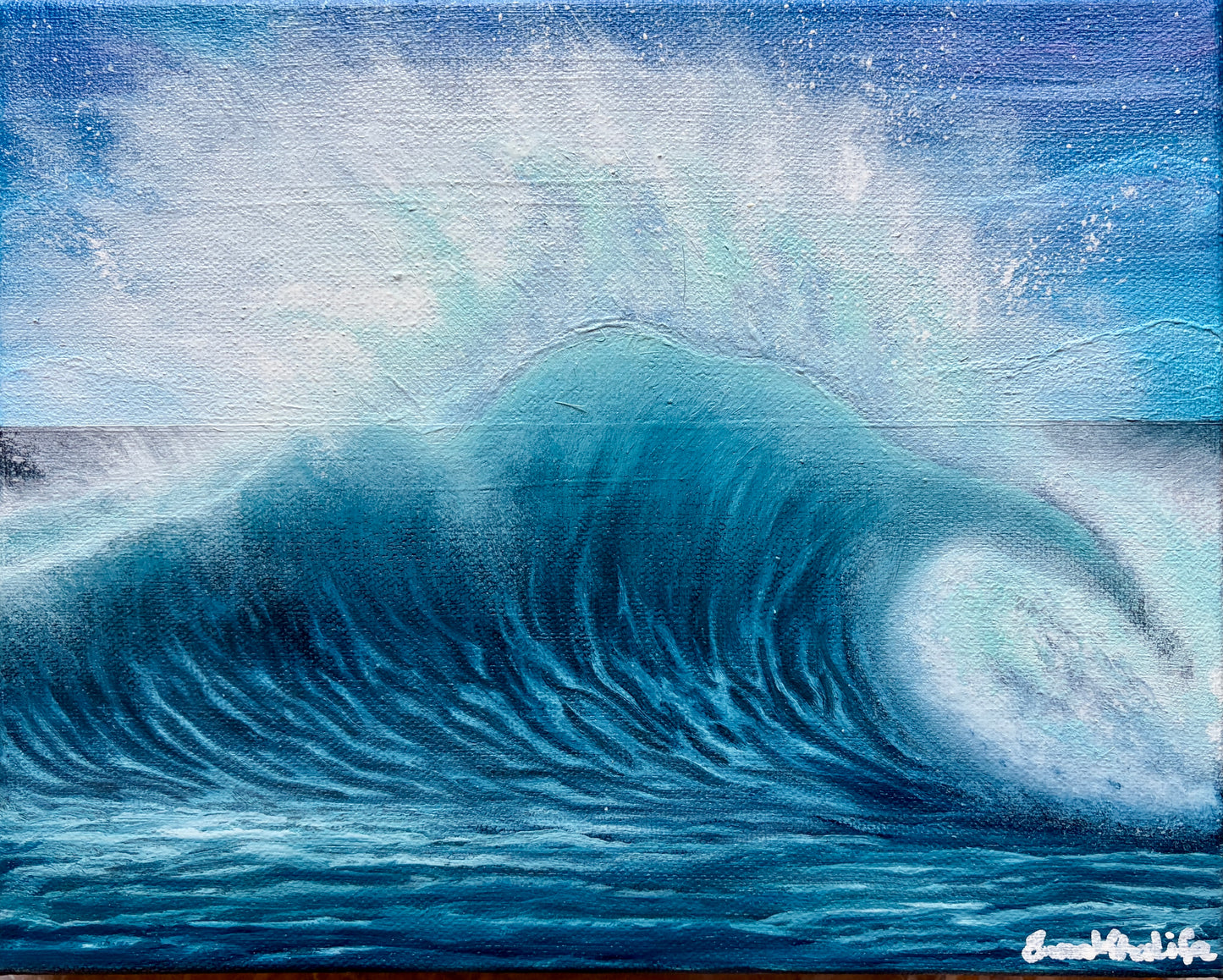 Acrylic painting of a large wave with white foam on a blue background