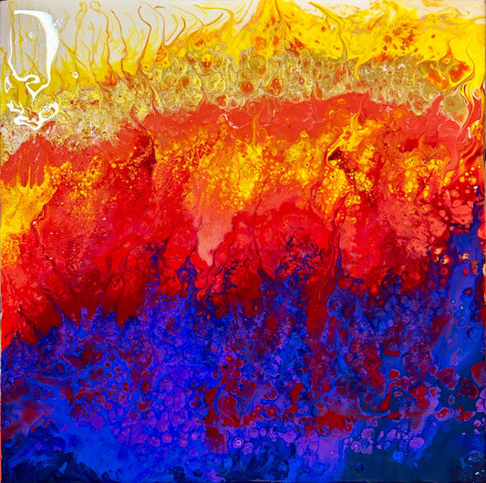 Abstract fluid acrylic pour painting with vibrant horizontal bands of yellow, orange, red, and deep blue, featuring textured splatters and marbled patterns.